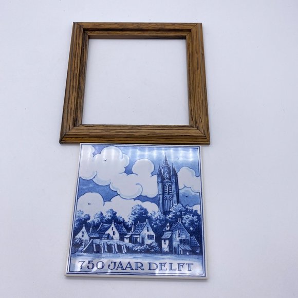 Delft blue & White trivet in wooden frame 750 jaar delft holland Tile - Picture 3 of 7